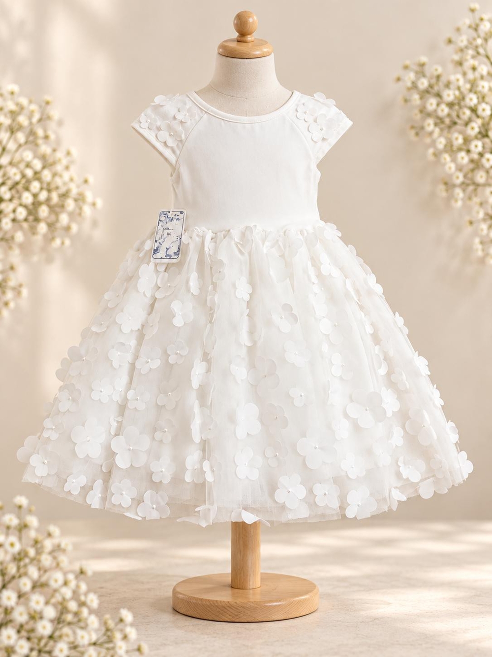 White Floral Appliqué Tulle Kids Dress